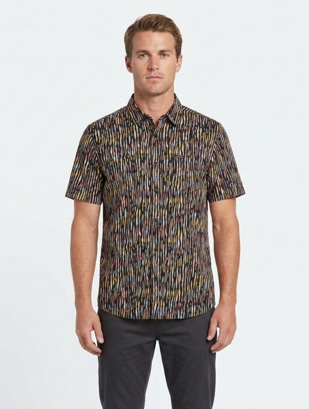 Volcom Modern Fit Shirt Large Mens Short Sleeve Button Down Abstract Stripe Top